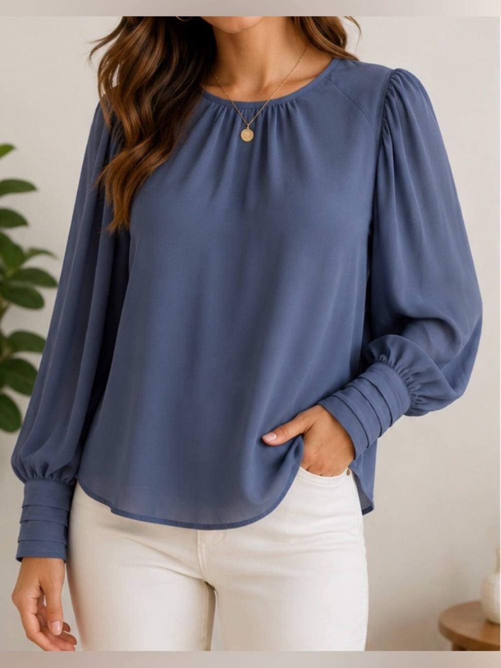 Express Blouse Womens S Blue Preppy Balloon Puff Sleeves